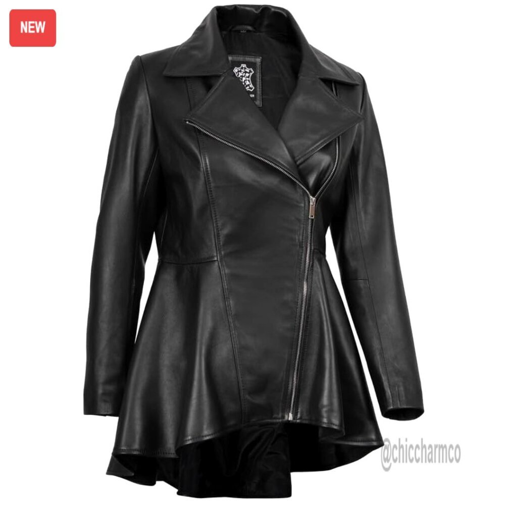 Lambskin Leather Peplum Jacket Women's Classic Tailored Fit Chic Outerwear - Picture 2 of 4